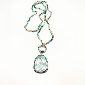 Boho Chic Turquoise & Mixed Gemstones Hand Knotted Chain Necklace, 34” Long, New